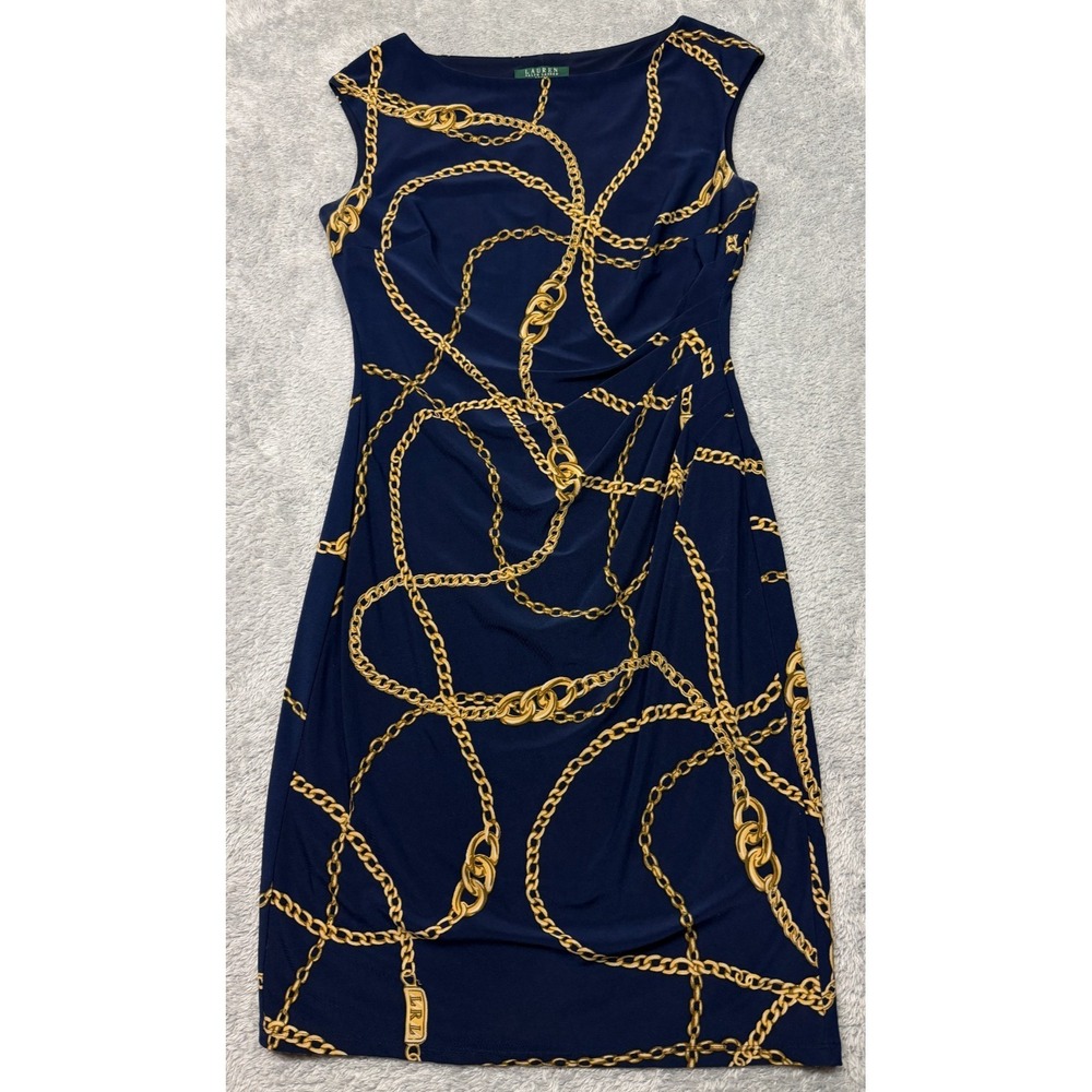 Lauren Ralph Lauren Chain Print Navy Dress Womens 8 Midi Sleeveless Old Money